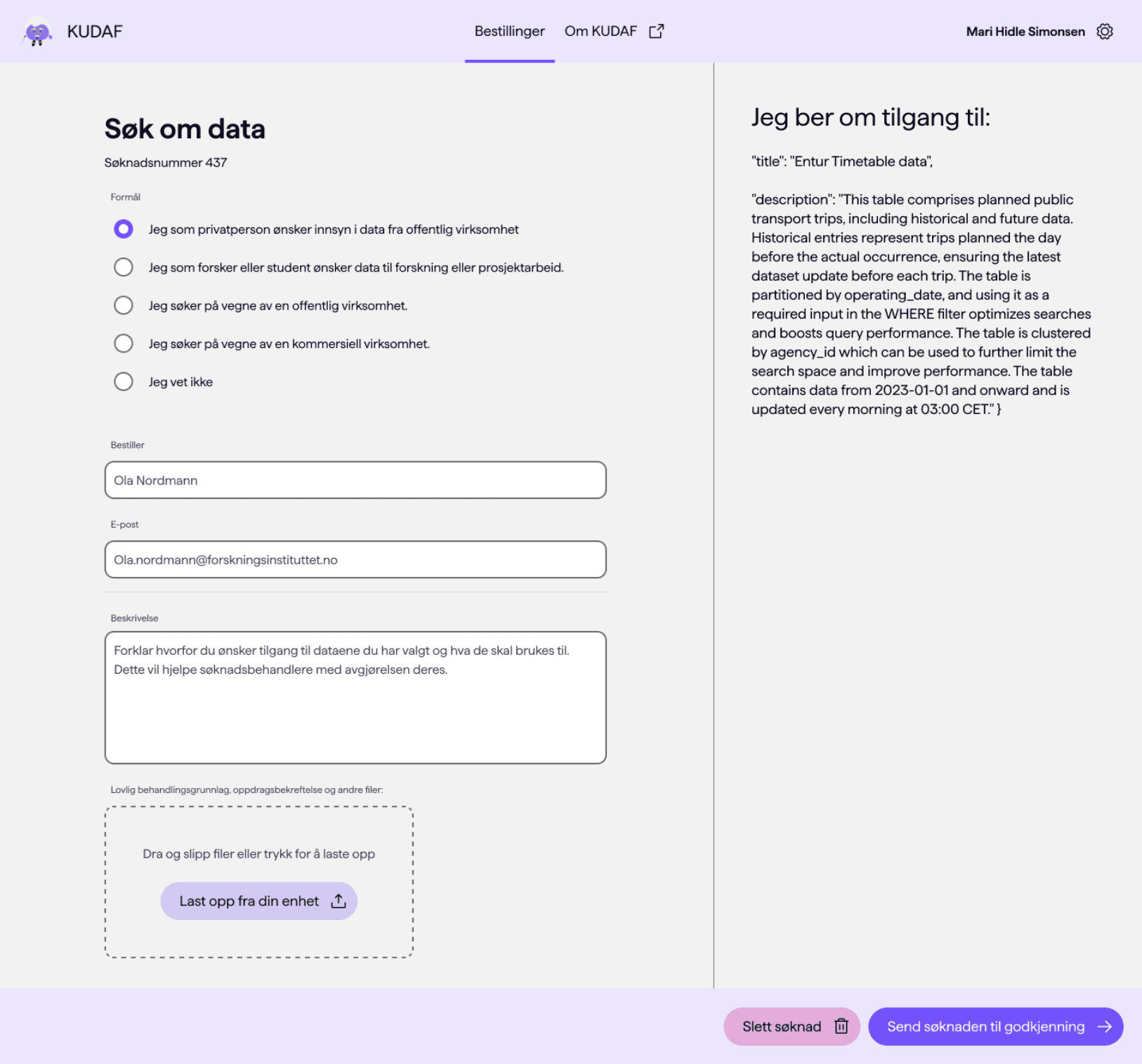 Screenshot av søknadsløsning